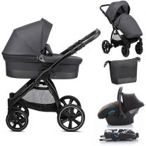 Noordi Sole.Go 3 in 1 Pram, Travel System includes Chassis, Carrycot, Seat Unit, Bumper bar, Mattress, Pram Bag, Raincover, Insect net, Cup Holder, Car seat & adaptors - Black