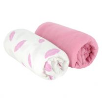 Babycalin Set of 2 fitted cot bed sheets 70 x 140cm - Pink  & Pink Feathers