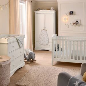 Mamas & Papas Flyn 3 Piece White Cotbed Range with Dresser Changer & Wardrobe