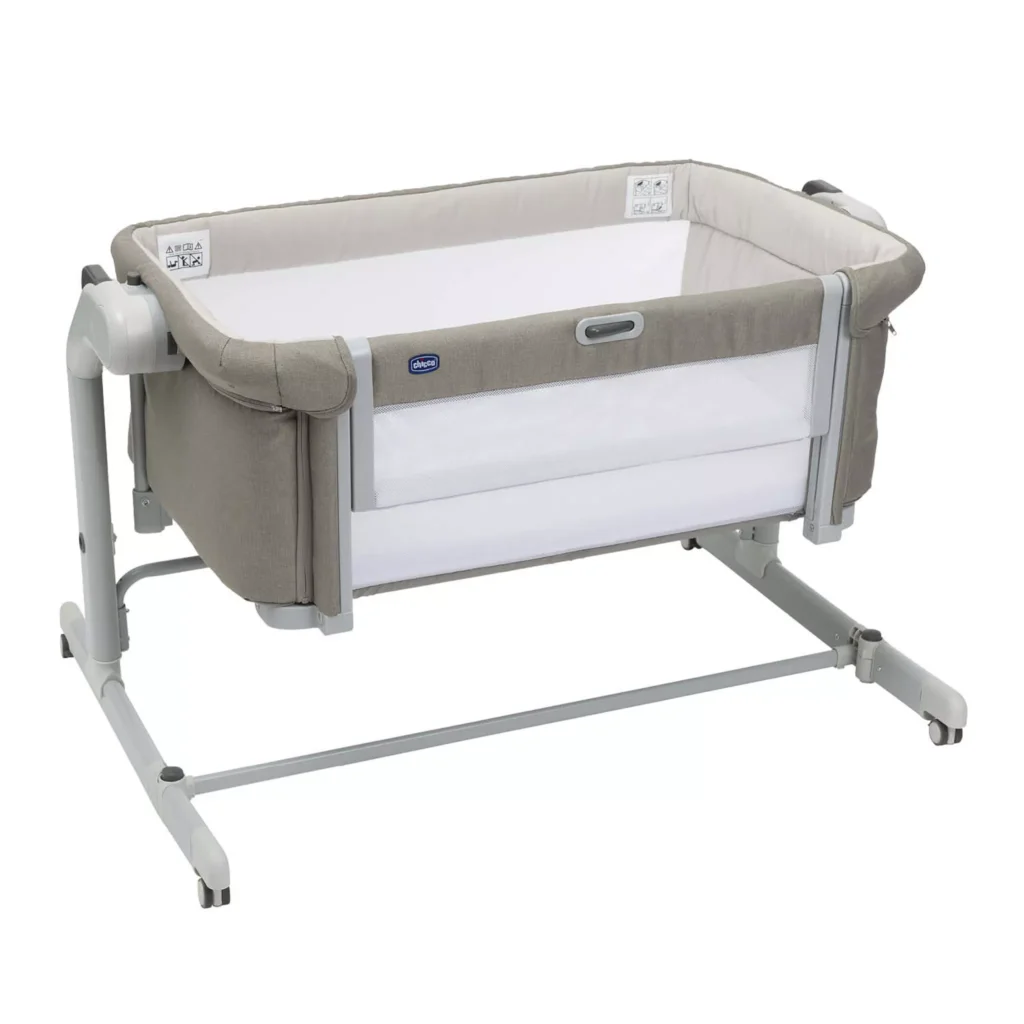 Chicco Next2Me Magic Evo Bedside Crib in Desert Taupe with mesh sides and adjustable height positions