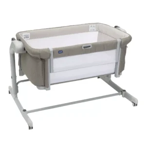 Chicco Next2Me Magic Evo Bedside Crib in Desert Taupe with mesh sides and adjustable height positions