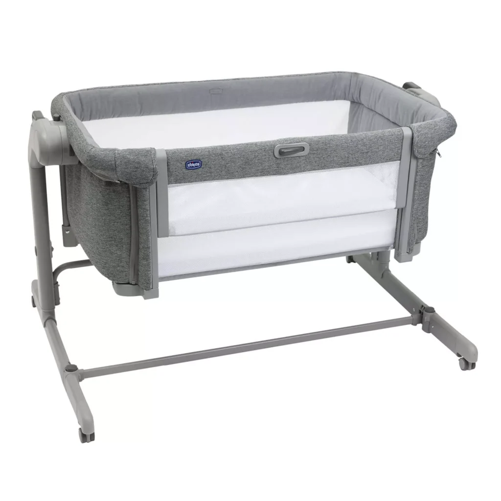 Chicco Next2Me Magic Evo Bedside Crib in Dark Grey with mesh sides and adjustable height positions