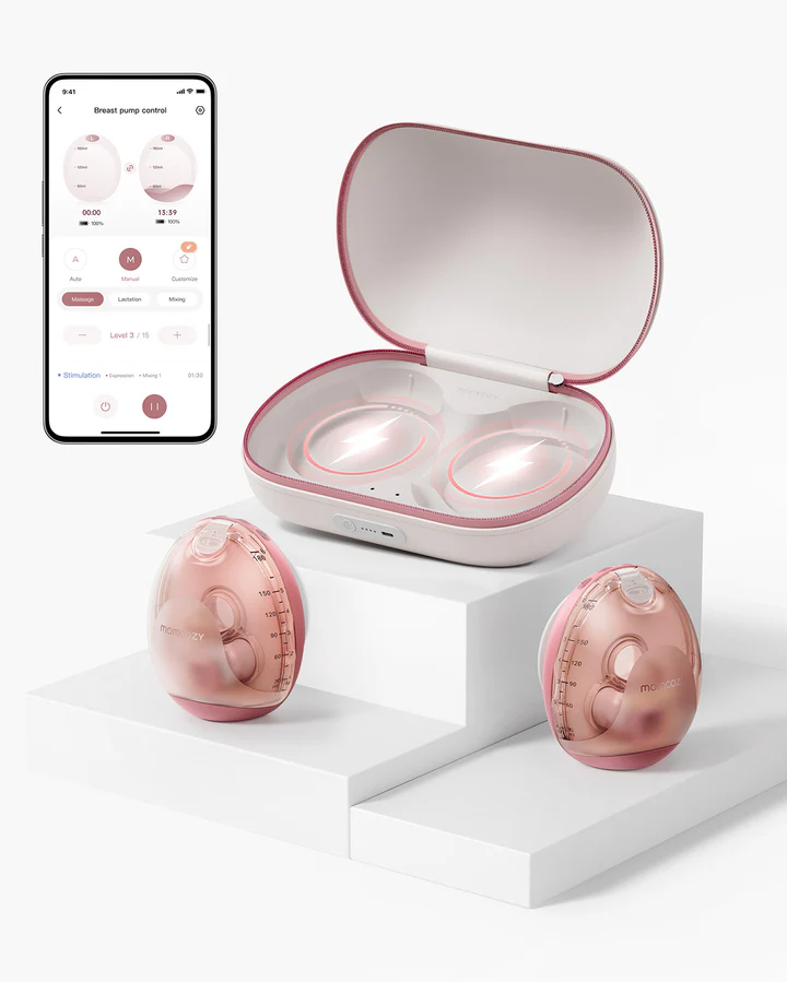 Momcozy Air 1 Ultra-Slim Wearable Breast Pump with wireless charging case and app control