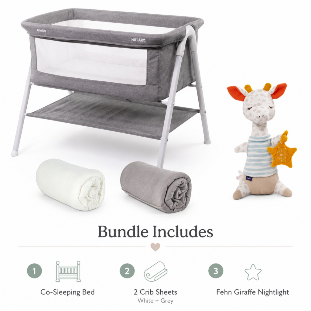 Nania HILLARY Co-Sleeping Bed Bundle with bedside crib, 2 free crib sheets and Fehn Giraffe Nightlight