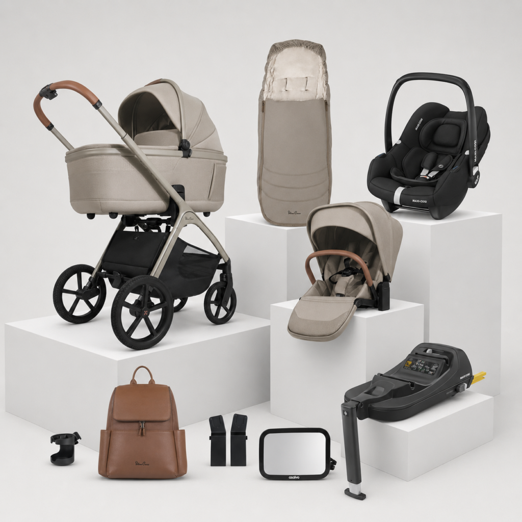 Silver Cross Cove Complete Travel System Bundle in Champagne with Maxi-Cosi infant car seat, ISOFIX base and baby car mirror.
