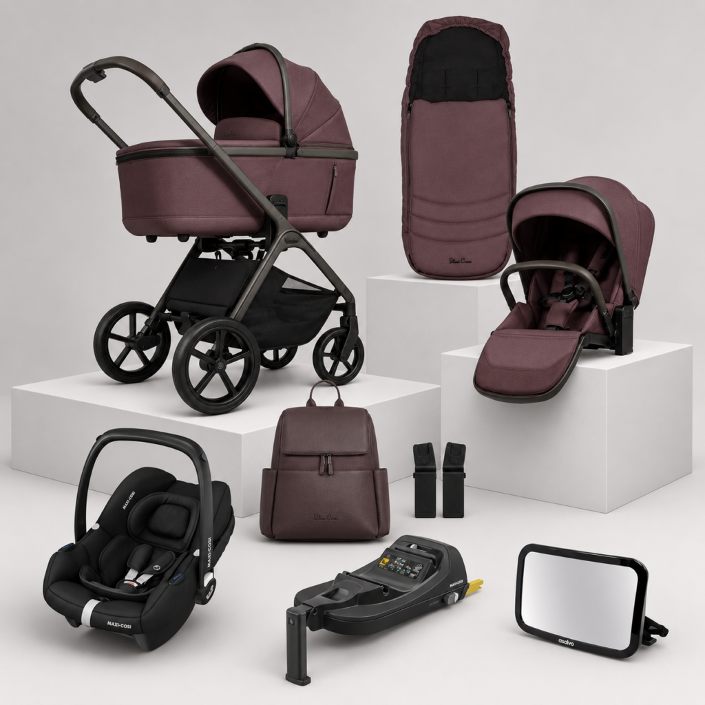 Silver Cross Cove Complete Travel System Bundle in Damson with Maxi-Cosi infant car seat, ISOFIX base and baby car mirror.