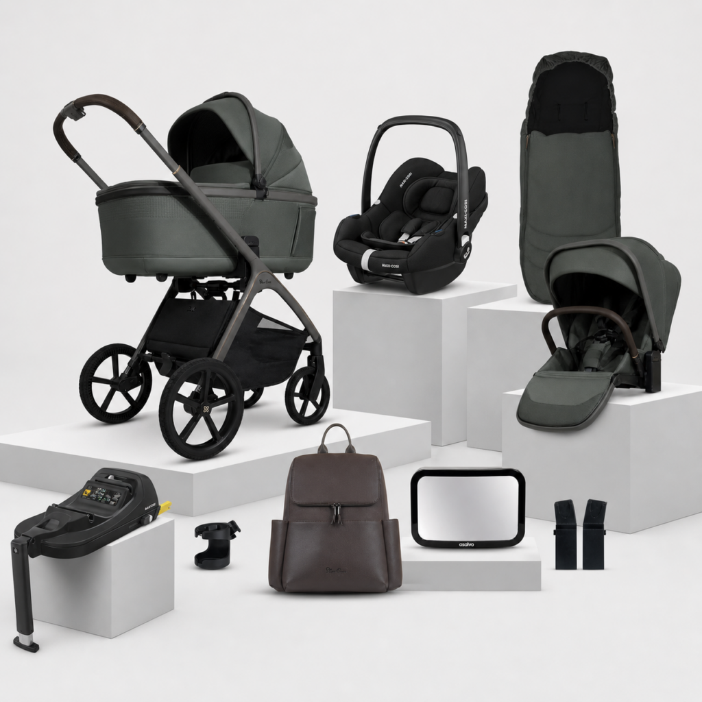 Silver Cross Cove Complete Travel System Bundle in Pewter with Maxi-Cosi infant car seat, ISOFIX base and baby car mirror
