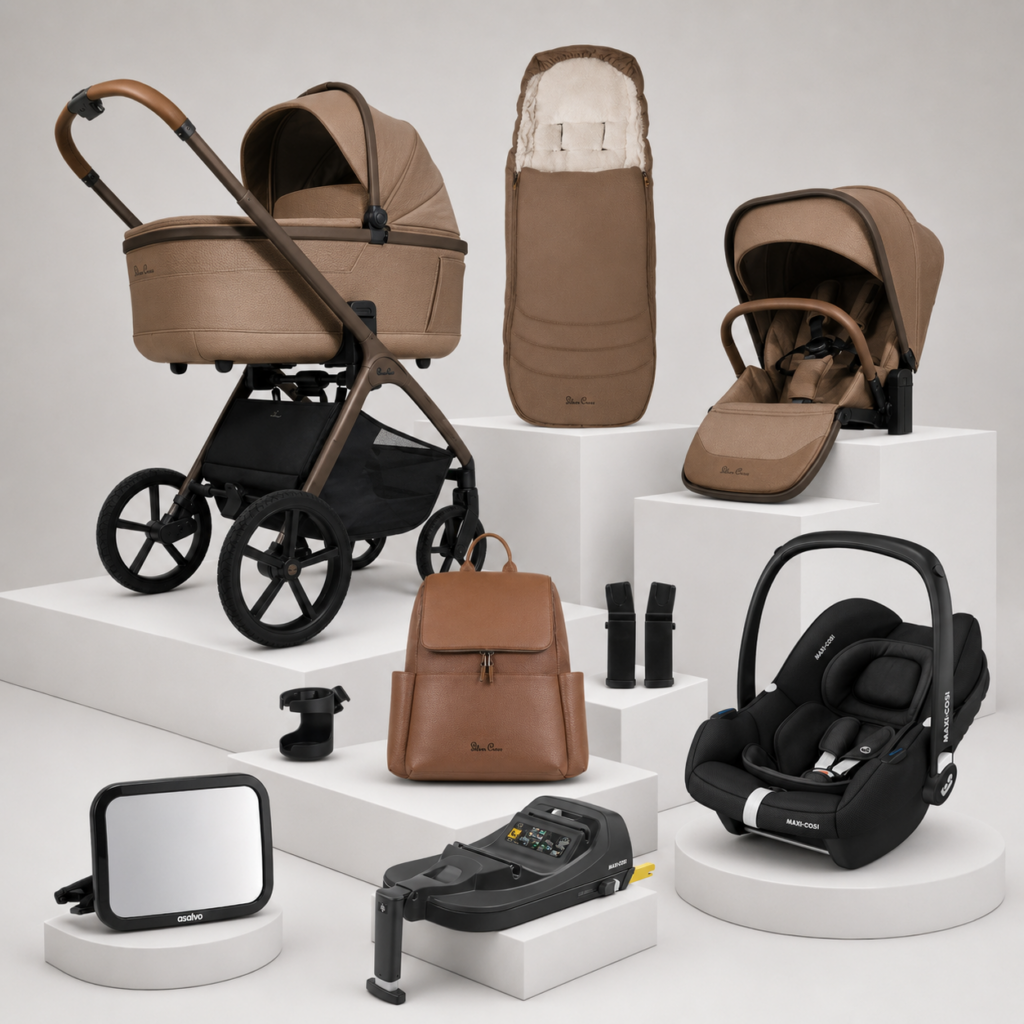 Silver Cross Cove Complete Travel System Bundle in Maple with Maxi-Cosi infant car seat, ISOFIX base and baby car mirror.