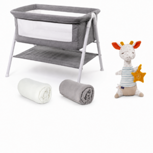 Nania Hillary Bedside Crib Bundle with Mattress, 2 Sheets & Fehn Nightlight – Grey