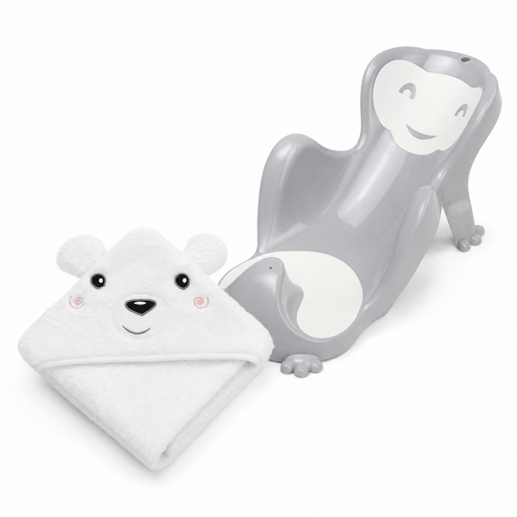 Baby Cocoon Bath Seat and Bear Hooded Towel Bundle for newborn bath time