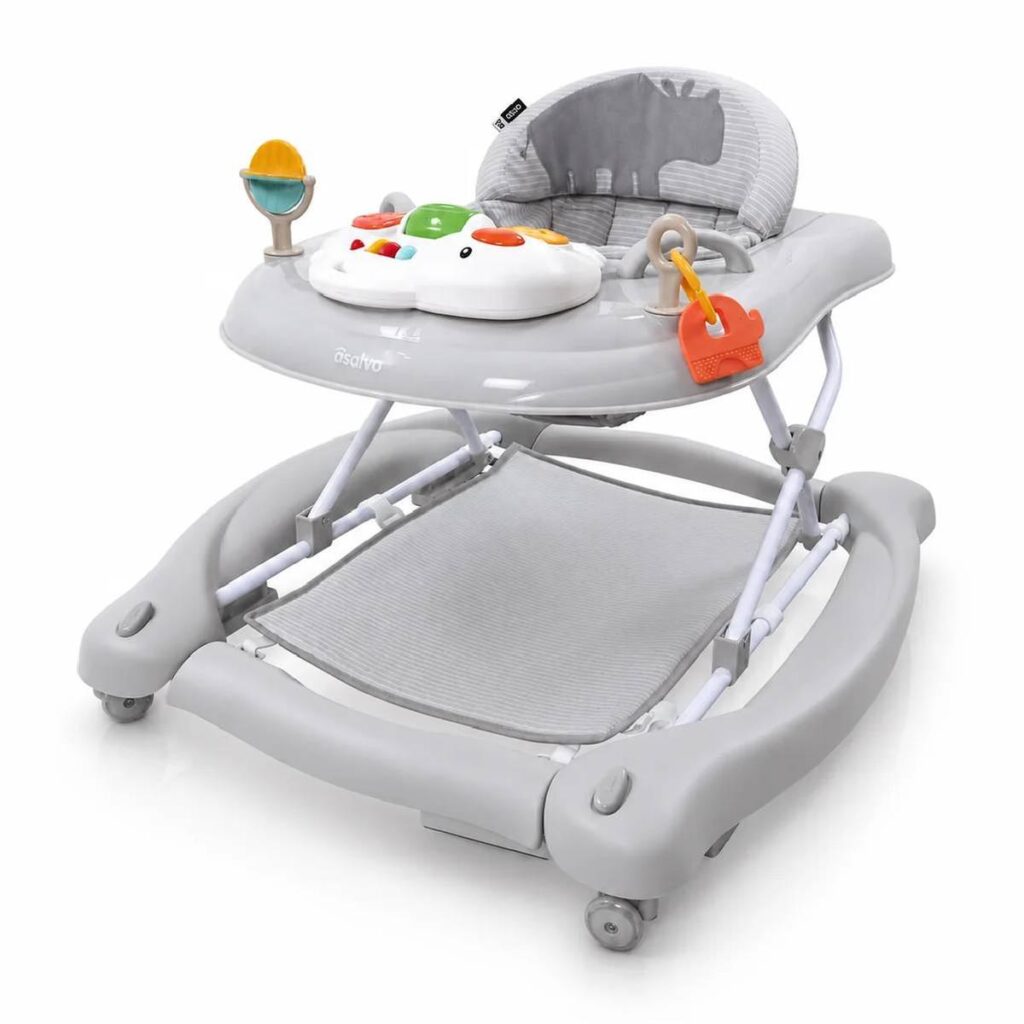 Asalvo Rino 4-in-1 baby walker in grey with interactive activity tray