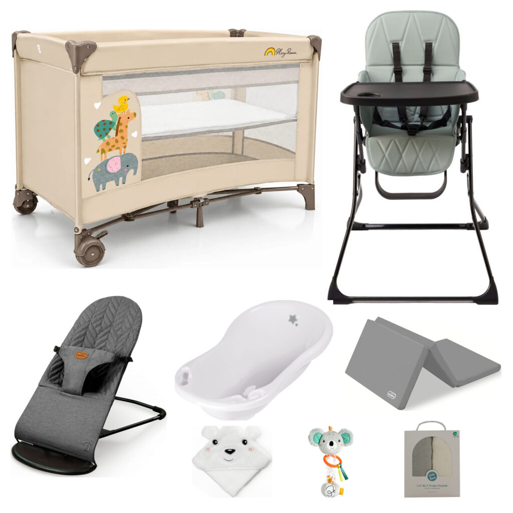Grandparents baby essentials bundle with travel cot, mattress, sheets, bouncer, bath, hooded towel, rattle and highchair